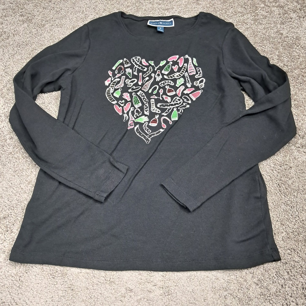 Karenβ Scott Womens Black Cotton Long Sleeve Heart Graphic T-Shirt Medium
